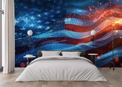 Waving American flag with a digital, futuristic effect, representing national pride and modern technology. Free copy space for banner. Wall mural