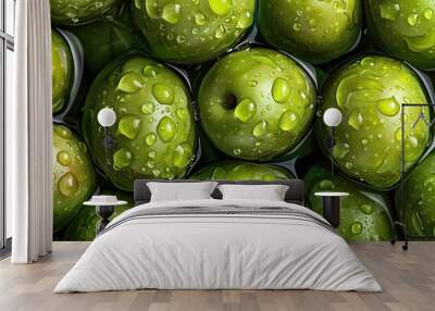 Wet green olives closeup, glossy and fresh in water or oil. Wall mural