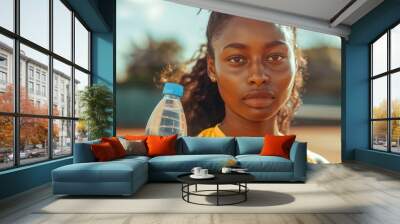 Woman drinking water on a tennis court, showcasing athleticism and hydration during outdoor exercise. Free copy space for text. Wall mural