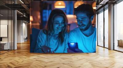 Young couple in a modern home, sharing a moment together illuminated by ambient lighting. Wall mural