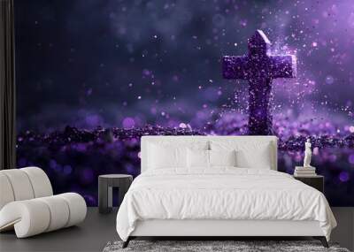 An artistic ash banner featuring a cross adorned with purple glitter, symbolizing penitence and the start of Lent Wall mural