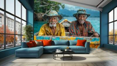 Two elderly men with white beards sit in a boat surrounded by water. Wall mural