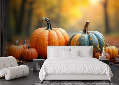 pumpkin harvest on blurred autumn background Wall mural