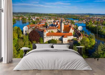 Aerial landscape of small Czech town of Telc with famous Main Square (UNESCO World Heritage Site). Aerial panorama of old town Telc, Southern Moravia, Czechia. Historic centre of Telc, Czech Republic. Wall mural