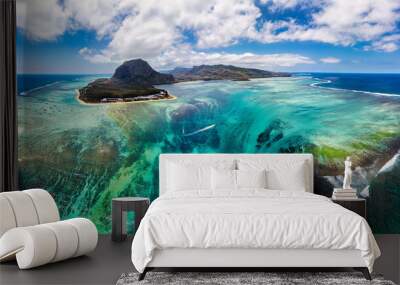 Aerial view of Mauritius island panorama and famous Le Morne Brabant mountain, beautiful blue lagoon and underwater waterfall. Le Morne Brabant peninsula and Underwater Waterfall, Mauritius. Wall mural