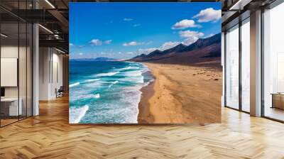 Amazing Cofete beach with endless horizon. Volcanic hills in the background and Atlantic Ocean. Cofete beach, Fuerteventura, Canary Islands, Spain. Playa de Cofete, Fuerteventura, Canary Islands. Wall mural