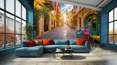 Charming streets of Greek islands, Crete. Street in the old town of Chania, Crete, Greece. Beautiful street in Chania, Crete island, Greece. Summer landscape. Travel and vacation. Wall mural