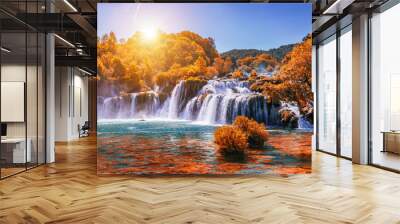 Krka national park with autumn colors of trees, famous travel destination in Dalmatia of Croatia. Krka waterfalls in the Krka National Park in autumn, Croatia. Wall mural