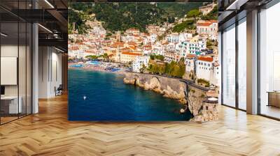 View of beautiful Amalfi town, Campania, Italy. Amalfi coast is most popular travel and holiday destination in Europe. Amalfi cityscape on coast line of mediterranean sea, Amalfi coast, Italy. Wall mural