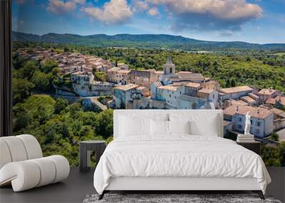 View of Venasque village with old church Notre Dame de Vie to landscape of Luberons, Provence, France. Beautiful Church and houses in the town of Venasque, Provence, France. Wall mural