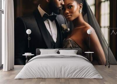 Black married couple at a wedding. Generative AI. Wall mural