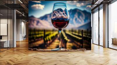 Glass of red wine with a vineyard in the background. Generative AI. Wall mural