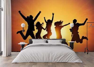 Group of friends jumping at sunset in summer. Generative AI.	
 Wall mural