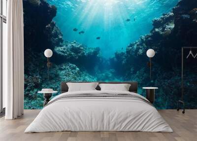 Canyon underwater in the reef with sunlight through water surface, Pacific ocean, natural scene, French Polynesia Wall mural