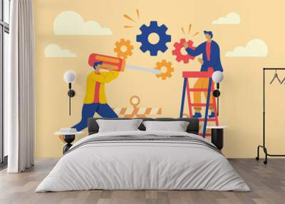 Two people examining operating system error warning on web page isolated flat illustration. Maintenance illustration. Wall mural