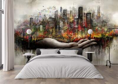 Generative Cityscape Emerging from Hand Wall mural