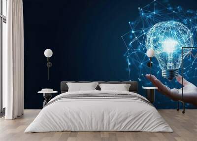 Illuminated Brain Bulb Held in Hand Wall mural