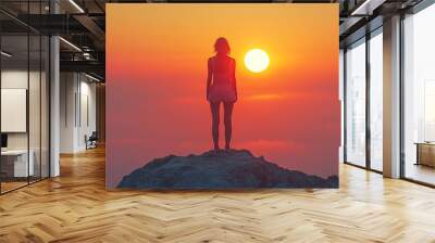 Solitary figure standing on rock at sunrise Wall mural