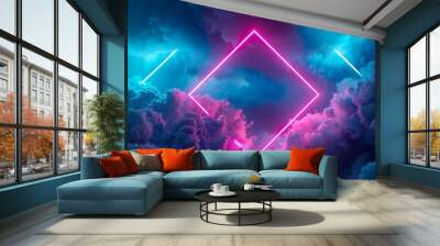 3d render, abstract cloud illuminated with neon light ring on dark night sky. Glowing geometric shape, round frame Wall mural