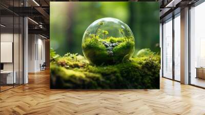 A captivating image showing a delicate ecosystem within a transparent sphere, set against a lush forest backdrop Wall mural