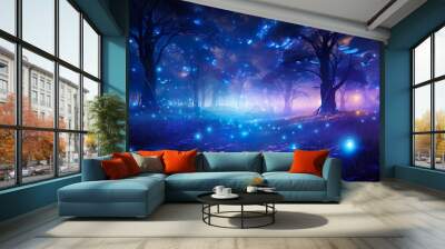 A fantastical depiction of a forest bathed in blue light with sparkling flora and ethereal ambiance Wall mural