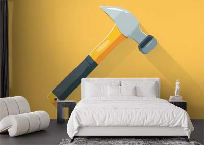 A hammer with a black grip and a sharp claw head set against a bright yellow backdrop, emphasizing its modern design and functionality. Wall mural