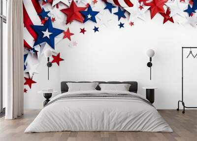 A patriotic array of scattered red, white, and blue stars on a clean white backdrop Wall mural