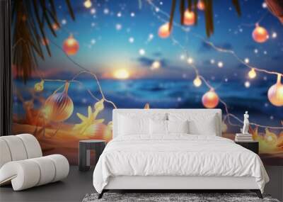 A serene tropical beach at sunset, enhanced with glowing Christmas lights and starfish ornaments Wall mural