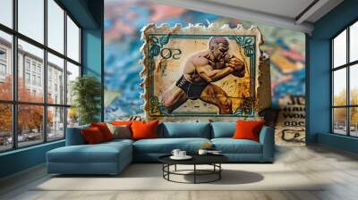 A vintage stamp depicting a muscular wrestler in an action pose, emphasizing the strength, skill, and tradition of wrestling, set against an antique background for a nostalgic appeal. Wall mural