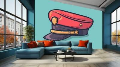 A visually appealing illustration of a conductor's hat in red and black with gold details, resting on a blue background, highlighting the blend of formality and style. Wall mural