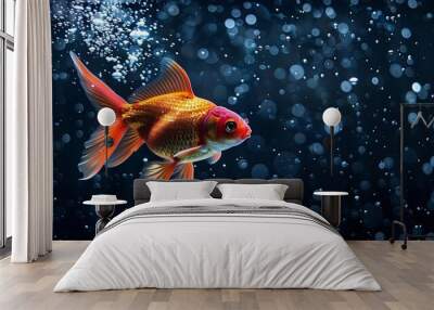 A vividly orange goldfish in sharp focus, swimming against a backdrop of shimmering bubbles in clear water. Captures the vibrant energy and beauty of aquatic life. Wall mural