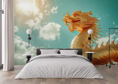 A wooden dragon statue shining in the sun, a symbol of the Chinese New Year sky background Wall mural