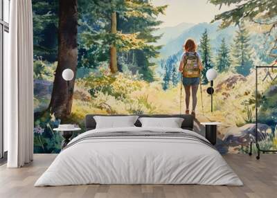 Adventurous Hiker in Scenic Forest Pathway Wall mural