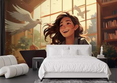 Artistic rendering of a joyful girl with a laptop, delighted by a dove at a sunny window in a cozy room Wall mural