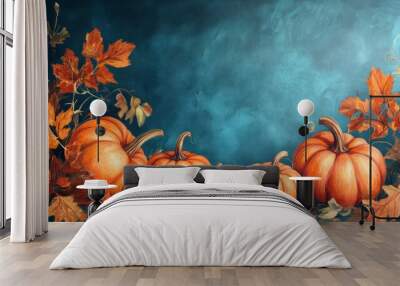 Autumn Pumpkins and Leaves on a Blue Background Wall mural