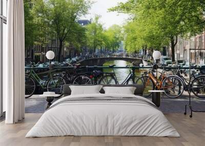 Bicycles by the Canal in Amsterdam Wall mural