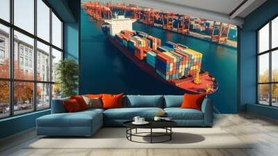 Container ship carrying container boxes import export dock with quay crane. Business commercial trade global cargo freight shipping logistic and transportation worldwide Wall mural