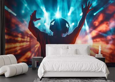 DJ is mixing music with deejay controller at outdoor summer pool or beach party - nightlife people lifestyle concept Wall mural