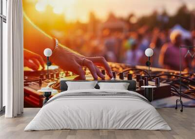 DJ is mixing music with deejay controller at outdoor summer pool or beach party - nightlife people lifestyle concept Wall mural