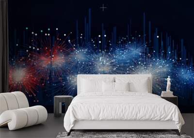 Happy Independence day, 4th July national holiday. Festive greeting card, invitation with hand drawn fireworks in USA flag colors and car Wall mural