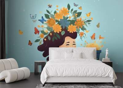 happy mental health woman, Winning, success and life goals concept. Young woman with pot of lowers Wall mural