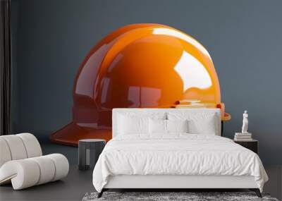 High-quality orange construction helmet featuring a shiny, reflective surface, symbolizing safety, protection, and professionalism in construction and industrial environments. Wall mural