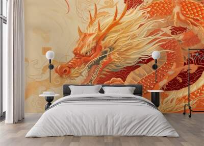 Oriental traditional Dragon artwork on red background. Lunar New Year Celebration Wall mural