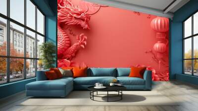 Oriental traditional Dragon artwork on red background. Lunar New Year Celebration Wall mural