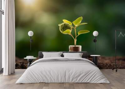 Pile of coins sitting on top of pile of dirt with plant growing out of it ecological concept Wall mural