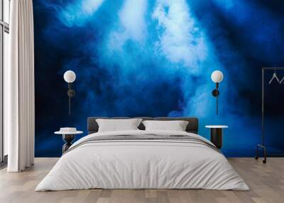 Rays, spotlights light. Empty dark scene with blue light. Asphalt blue dark background with smoke. Wall mural