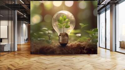 renewable energy light bulb with green energy, Earth Day or environment protection Hands protect forests that grow on the ground and help save the world aesthetic Wall mural