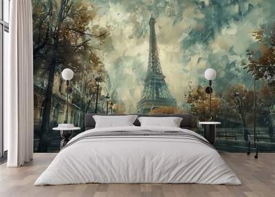 Set against a rainy backdrop, the Eiffel Tower is surrounded by autumn leaves, creating a dramatic and atmospheric depiction of Paris, emphasizing rainy beauty and solitude. Wall mural