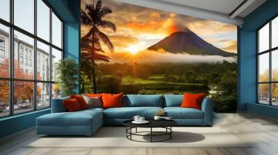 the image captures a breathtaking view of a volcano at the peak moment of sunset, with vivid colors  Wall mural