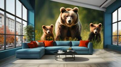 this captivating image shows the majestic brown bear with her two cubs, portraying wildlife family l Wall mural